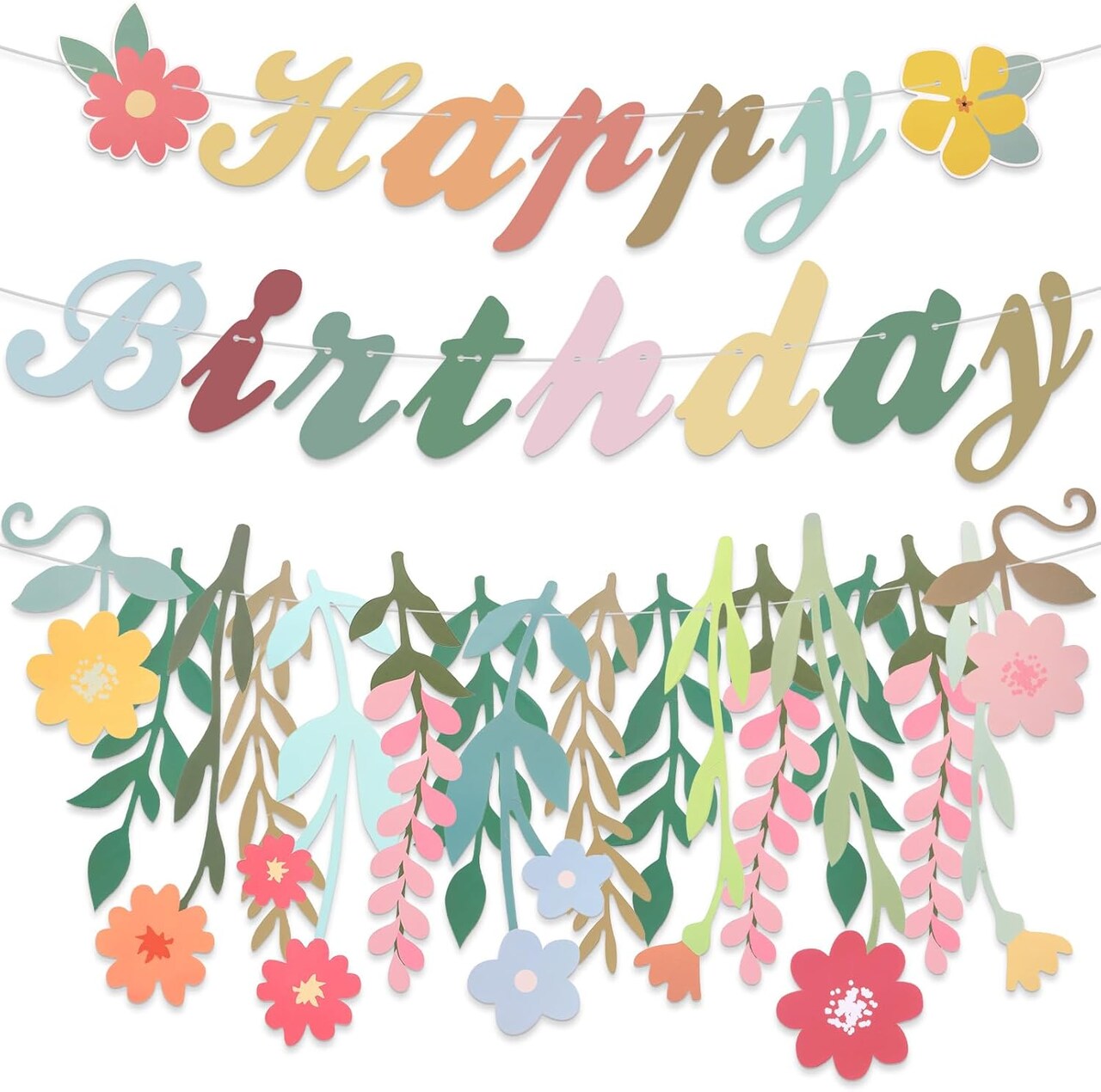 3 Pcs Wildflower Birthday Party Decorations – Floral Garland & “Happy Birthday” Banner for Spring, Boho Hanging Décor for Women